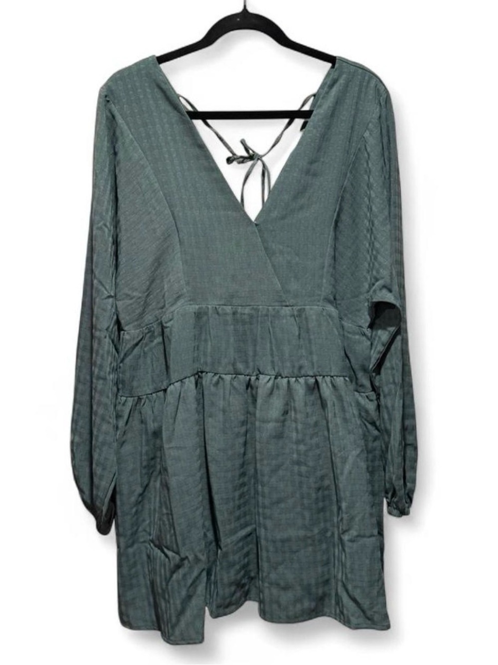 V-Neck Sage Green Long Sleeve Babydoll Dress